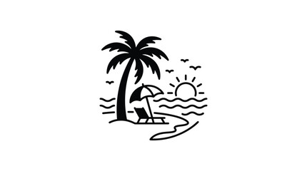 Tropical beach scene with palm tree sun and beach chair silhouette ocean © arfan