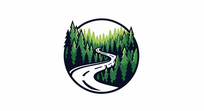 Winding road through a dense evergreen forest within an oval