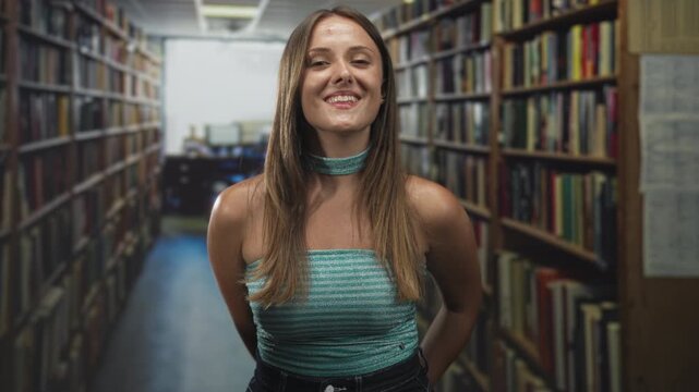 Woman smiling with bare shoulders, eyes closed and hands clasped behind back inside a library building; youthful contentment.