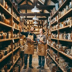 Naklejka premium Two artisans inspect ceramic pottery inventory in rustic warehouse storage
