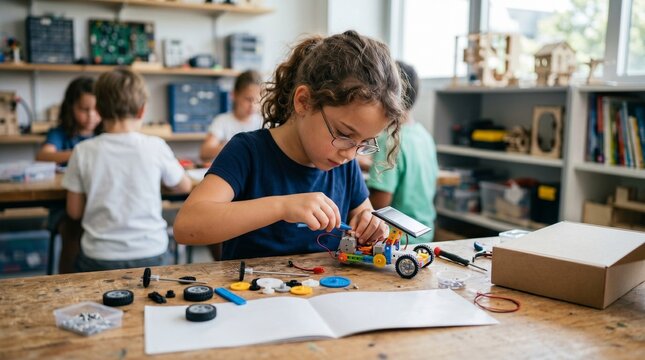 Young girl focused on building a solar powered robot car in a STEM classroom with other children learning in the background