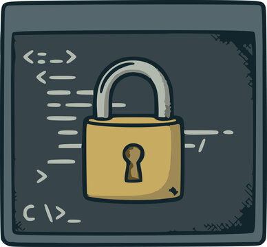 vector illustration with solid color fills simulating outlines and internal shapes showing a terminal cmd command prompt window protected by a secure padlock icon
