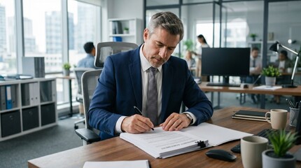 Obraz premium Professional businessman in a suit signing a contract at his desk in a modern office with colleagues in the background