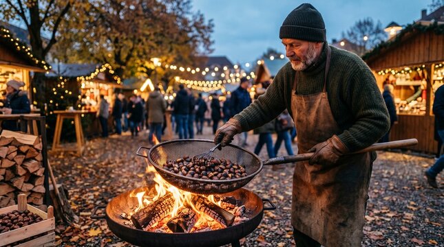 Man roasting chestnuts over open fire at a festive outdoor market with string lights and stalls in the background during autumn evening
