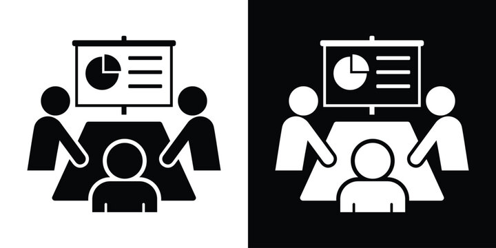 Vector business meeting icon set with people sitting around a conference table presenting a pie chart on a projector screen, in black and white styles.