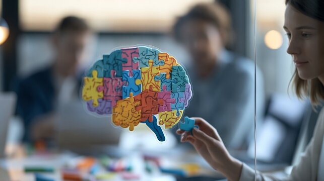 Collaborative team arranging colorful magnetic puzzle components on a glass wall brain map foreground in sharp focus with scattered markers and laptops softly out of focus.