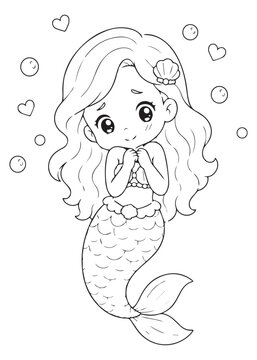 coloring book page of a bashful mermaid with a dreamy expression and heart bubbles among coral flowers