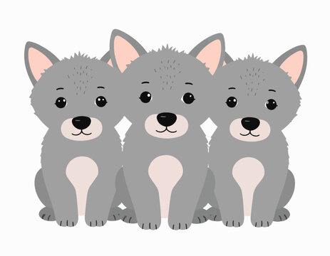 Three cute cartoon grey wolf pups sit together in a row