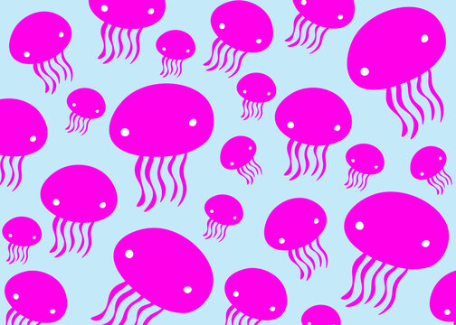 Seamless pattern of cute pink cartoon jellyfish drifting