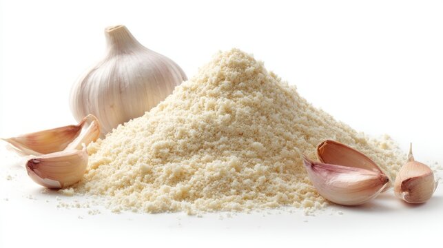 Close up side view of a heap of fine garlic powder isolated on a clean white background showing detailed texture, soft granular spice particles and natural beige color tones for food ingredient concep