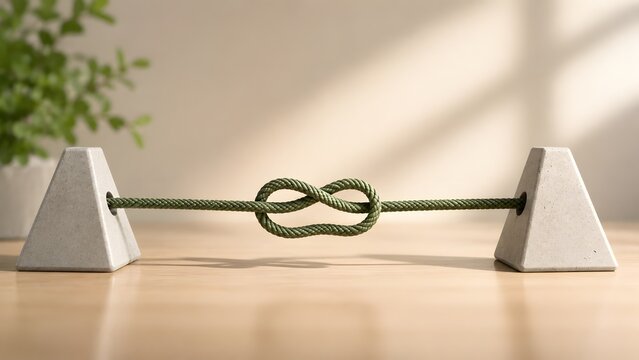 Unbreakable endless connection concept with green rope tied in infinity knot between two concrete anchors on wooden desk