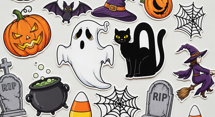Fototapeta premium Halloween Assortment Vector Illustrations Of Pumpkins Ghosts Witches And Spiders holiday october