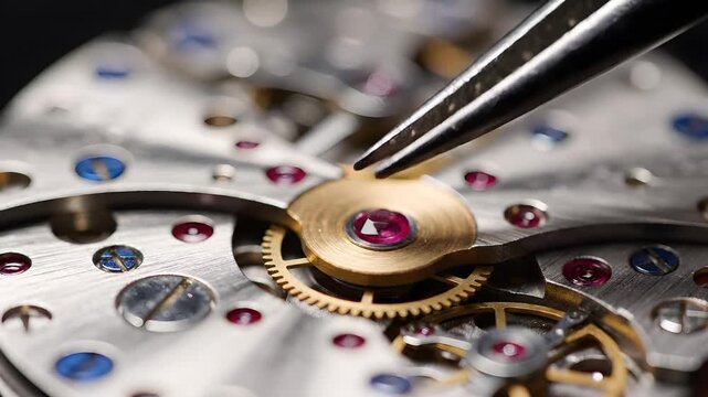Macro view of a watchmaker using tweezers to carefully place a tiny ruby jewel bearing into the mechanical movement of a watch