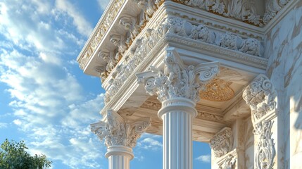 Obraz premium Ornate white columns and roof, detailed carvings under blue sky with soft clouds