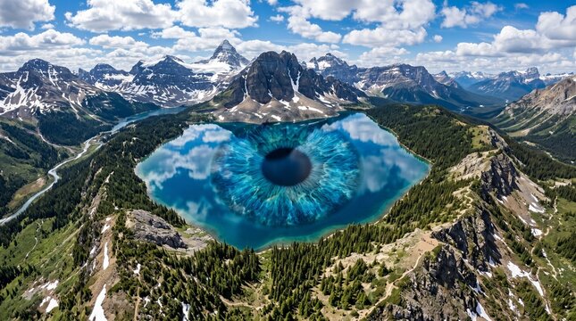 A stunning surreal digital manipulation of an alpine lake shaped like a giant, detailed blue human eye surrounded by rugged snow-capped mountains