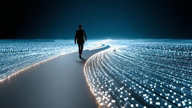The Path of Innovation: A solitary figure walks along a glowing, data-stream path towards an unknown future, symbolizing technological advancement and the journey of discovery.