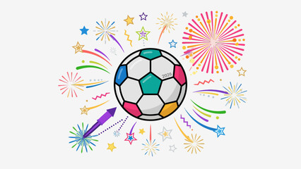 Fototapeta premium Festive vector icon of a soccer ball with abstract fireworks and stars around it
