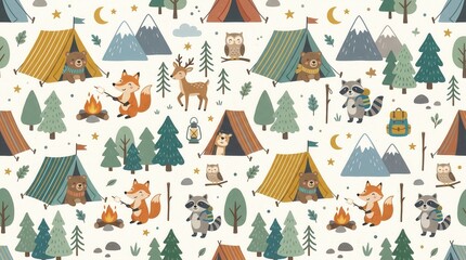 Naklejka premium Whimsical woodland animals enjoy camping under a moonlit sky with bonfires and tents