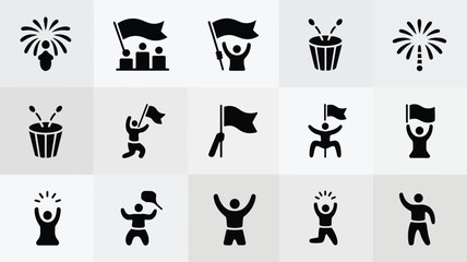 Obraz premium Graphic set of celebration icons showcasing flag wavers crowds and festive music elements.