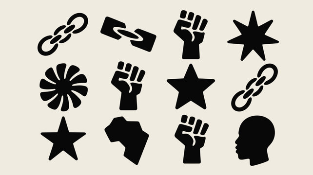 Freedom and human rights icon collection featuring broken chains and profile silhouettes.