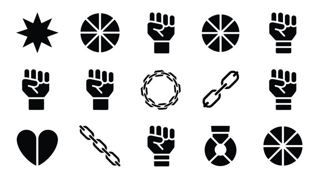 Unity and strength icon set featuring diverse fist variations and circular chain designs.