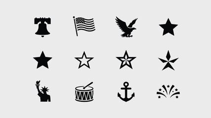 Independence day symbol set with liberty bell statue liberty drum anchor and star icons. © Soma