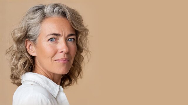 Senior woman smiling isolated on plain background for retirement insurance concept