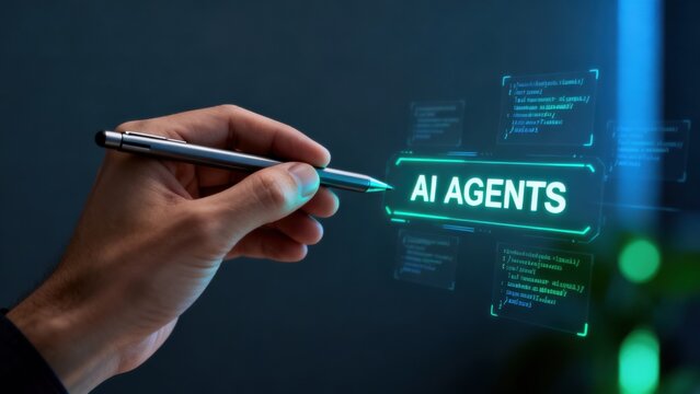 Hand holding pen near AI agents text