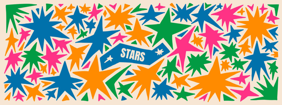 Colorful crayon star pattern with playful stardust shapes for a kids journal. Scattered collage pieces and bright doodle bits in a cheerful set. Vector star pattern background isolated for decoration.