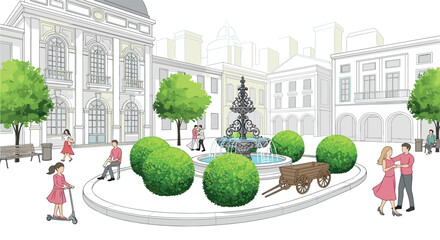 PrintBeautiful classic european city square vector illustration featuring stone water fountain green trees bushes old buildings architecture and people walking © MdMoksedul