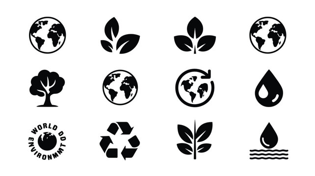 Environmental vector icons displaying world map leaves trees recycle and water resources.