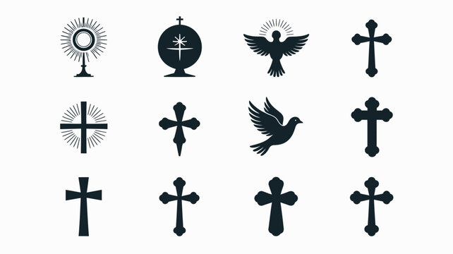 Religious Christian symbols collection featuring various crosses and holy spirit dove icons.