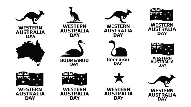 Western australia day celebration icons including flags maps and native animal silhouettes.