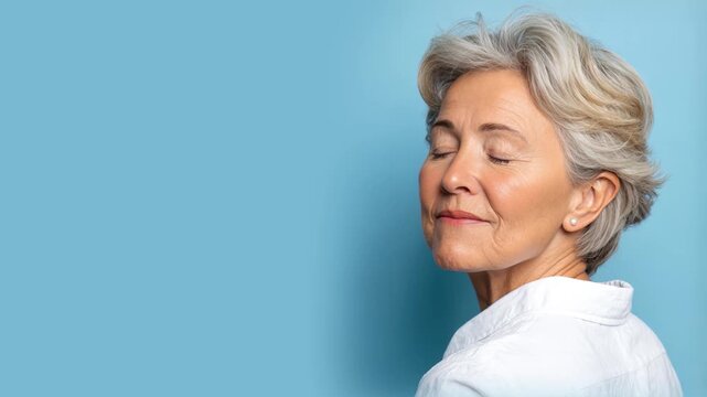 Senior woman smiling isolated on plain background for retirement insurance concept