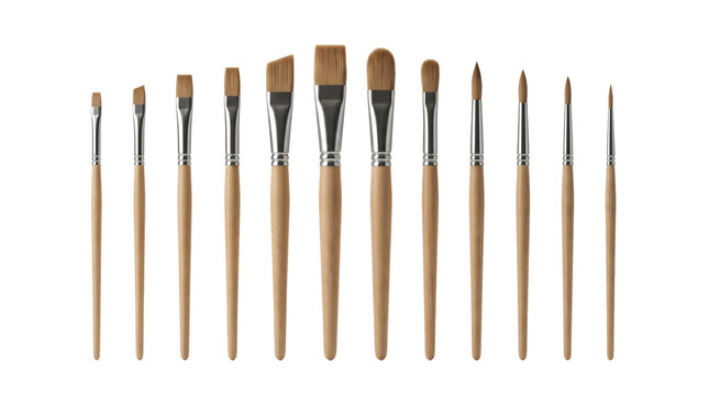 A set of various paint brushes isolated on transparent background for artistic use.