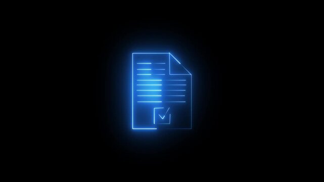 Neon glow writing on a document icon on a black background paper animation.