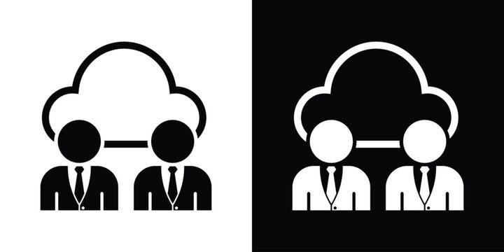 Two professional business avatars sharing a cloud computing icon. Flat design representing team synchronization, shared servers, and network access.