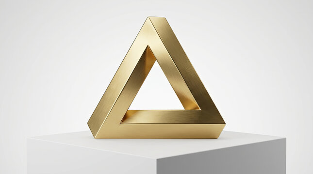 Gold impossible triangle sculpture, modern art piece, geometric design, elegant display
