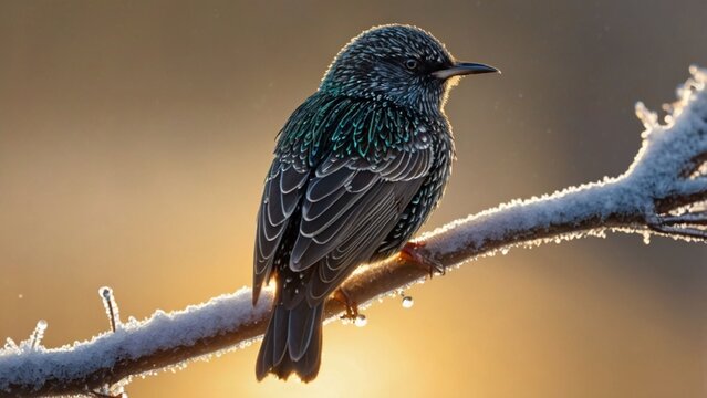  Common starling perched on a frost-covered branch at sunrise, 