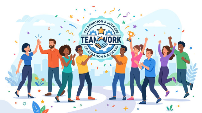 Diverse group of people celebrating teamwork and success together.