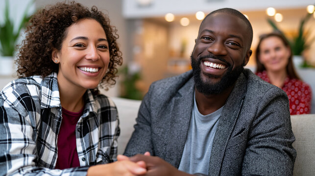 Commercial stock photo of a breakthrough reconciliation moment in couples therapy, adult male and female clients in their early 30s with realistic natural faces reaching toward eac