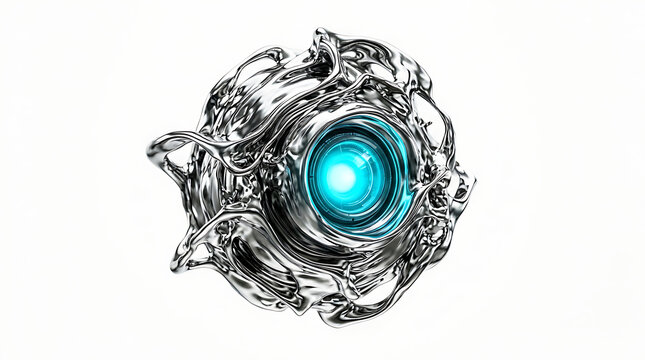 Abstract metallic organic form with vibrant blue energy core, isolated on a clean white background, representing advanced technology