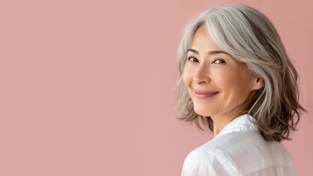 Senior Japanese asian woman smiling isolated on plain background for retirement insurance concept