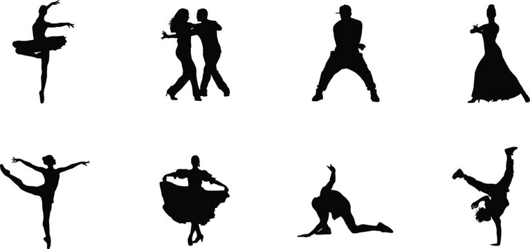 Silhouette icons of ballet, hip-hop, ballroom, contemporary, and breakdance dancers in expressive urban street art vector style