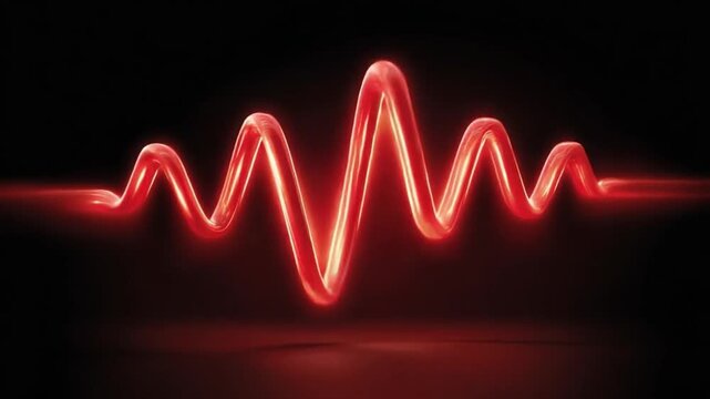 Red Waveform Visualization: A glowing red waveform pulses with energy, representing sound waves or data signals on a dark, reflective surface.