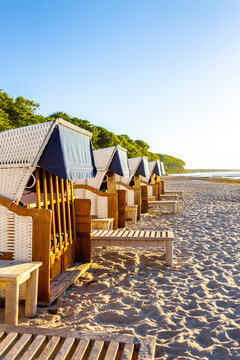 Hooded beach chairs at the beach, Heiligendamm, Germany