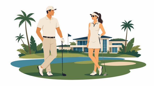Elegant Couple Enjoying a Luxurious Golf Resort Lifestyle Amidst Palm Trees and Manicured Greens