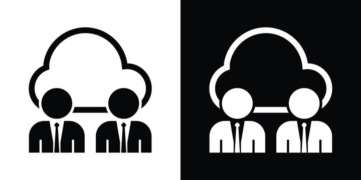 Two professional business avatars sharing a cloud computing icon. Flat design representing team synchronization, shared servers, and network access.