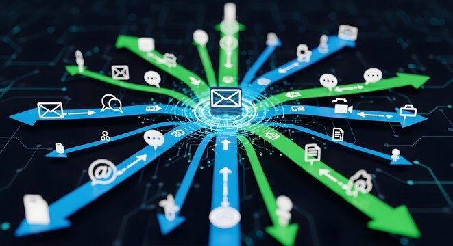 Multi directional colorful arrows spreading from central email envelope icon with web elements