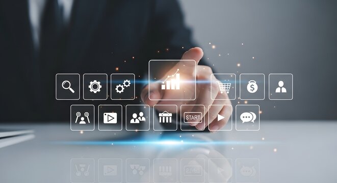 Businessman index finger touching glowing growth bar chart option on virtual digital screen
